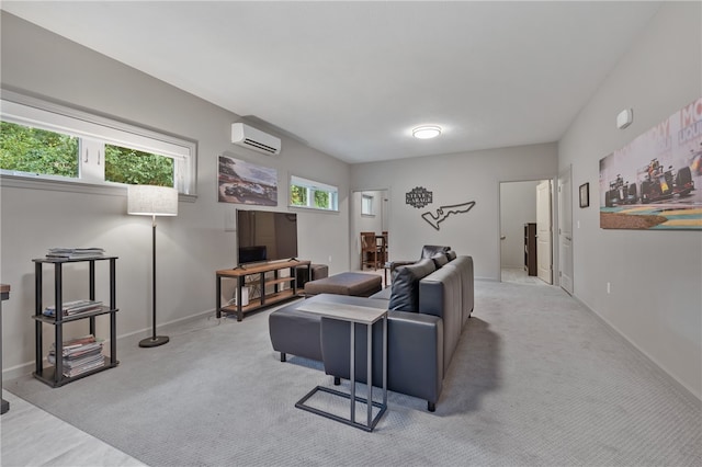 carpeted living room featuring a wall mounted air conditioner and a healthy amount of sunlight