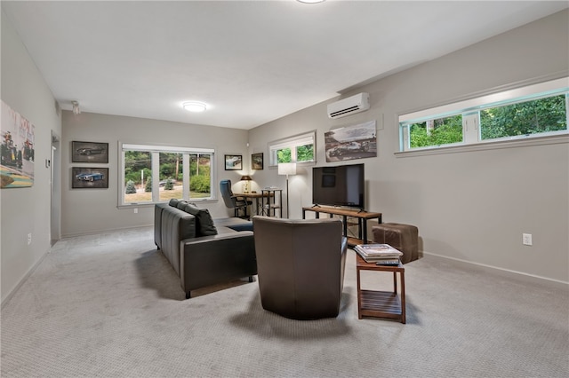 carpeted living room with a wall unit AC