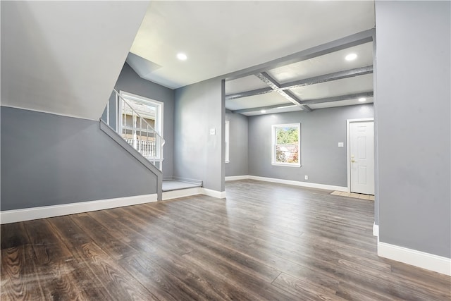 interior space with coffered ceiling, beamed ceiling, and dark hardwood / wood-style flooring