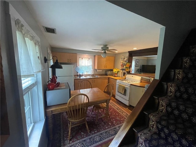 kitchen with ceiling fan, light brown cabinetry, wood-type flooring, and white appliances