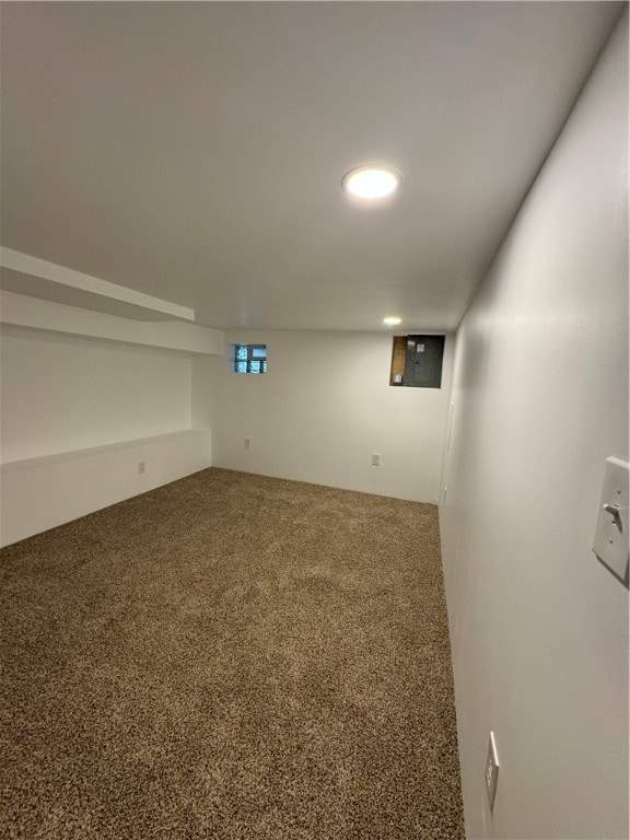 basement featuring carpet flooring