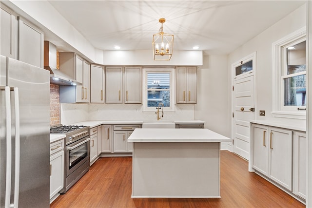 kitchen featuring hanging light fixtures, sink, a kitchen island, wall chimney exhaust hood, and appliances with stainless steel finishes