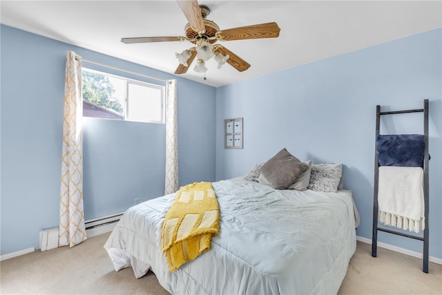 bedroom with light carpet, ceiling fan, and a baseboard radiator