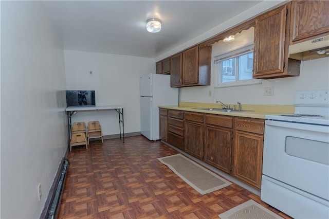 kitchen featuring white appliances, dark parquet flooring, custom exhaust hood, and sink