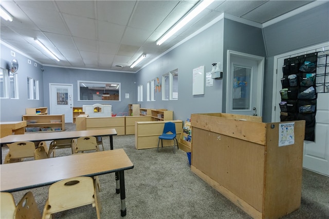 office area featuring carpet and crown molding