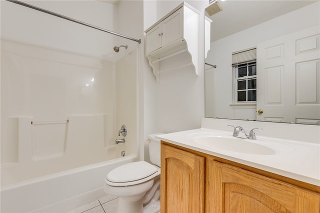 full bathroom with tub / shower combination, vanity, tile patterned flooring, and toilet