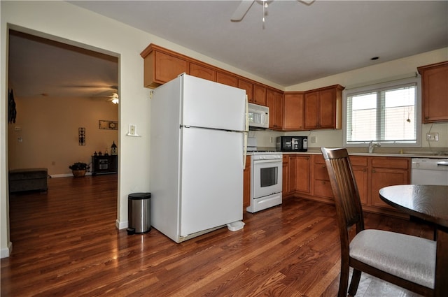 kitchen featuring white appliances, dark hardwood / wood-style flooring, ceiling fan, and sink