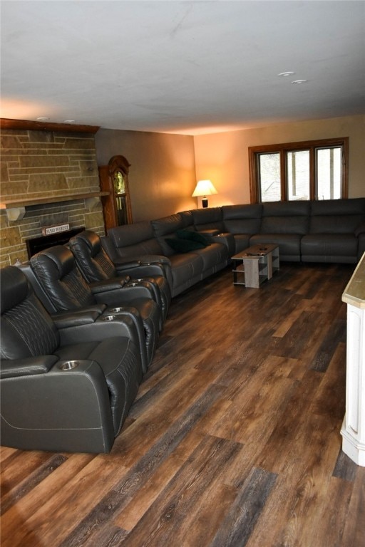 living room featuring a stone fireplace and dark hardwood / wood-style floors