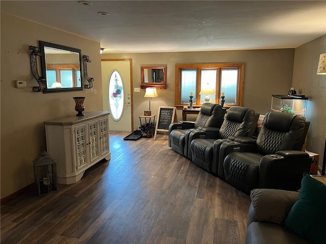 living room featuring dark wood-type flooring