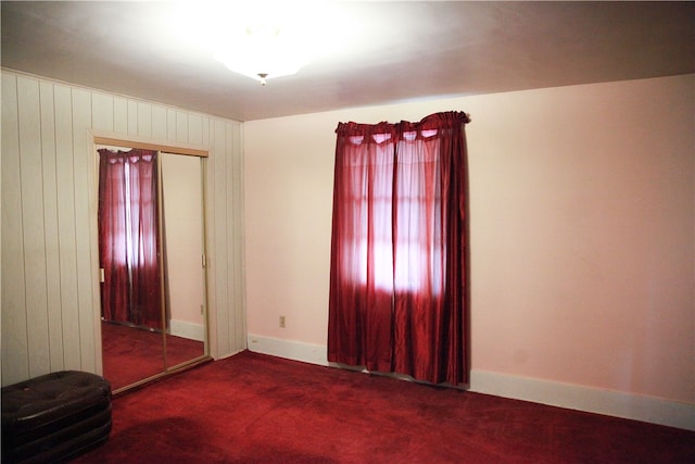 empty room featuring wooden walls and carpet floors