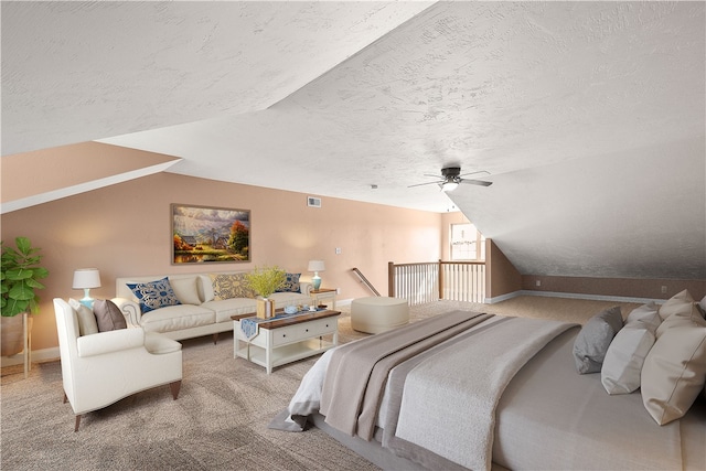 bedroom featuring ceiling fan, vaulted ceiling, carpet, and a textured ceiling