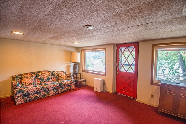 carpeted foyer entrance featuring a textured ceiling