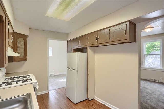 kitchen with light hardwood / wood-style floors, white appliances, sink, and ventilation hood