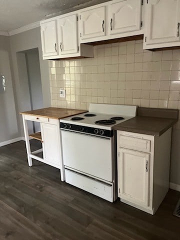 kitchen with decorative backsplash, white cabinets, white range with electric stovetop, and dark hardwood / wood-style flooring