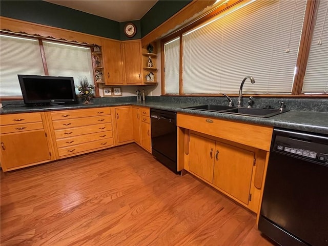 kitchen featuring dishwasher, a sink, and light wood-style flooring
