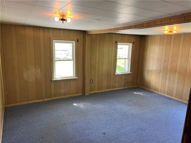 carpeted spare room featuring wood walls and plenty of natural light