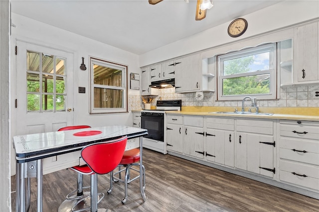 kitchen featuring white range, white cabinetry, sink, and dark hardwood / wood-style floors