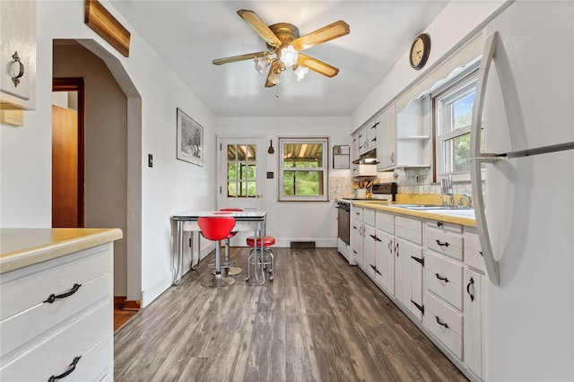 kitchen with a healthy amount of sunlight, white appliances, and white cabinetry