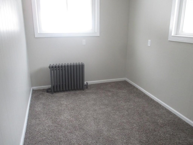 spare room with carpet flooring, a healthy amount of sunlight, and radiator heating unit