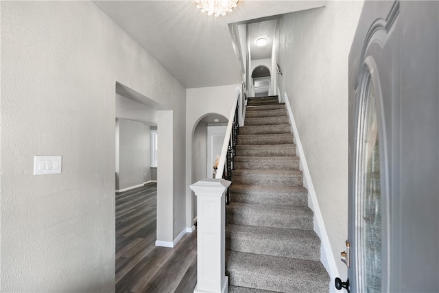 staircase with hardwood / wood-style floors