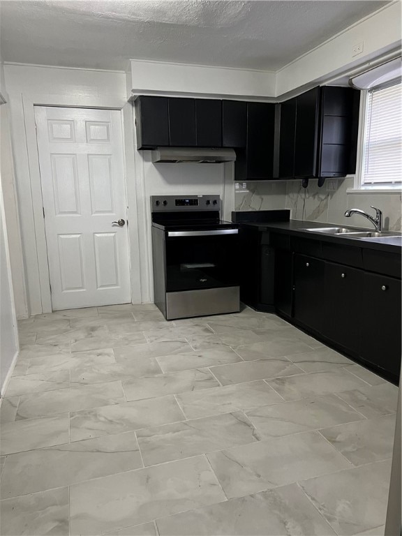 kitchen featuring backsplash, sink, and stainless steel electric range