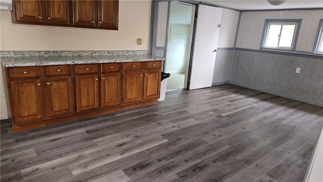 kitchen featuring light stone countertops and dark wood-type flooring