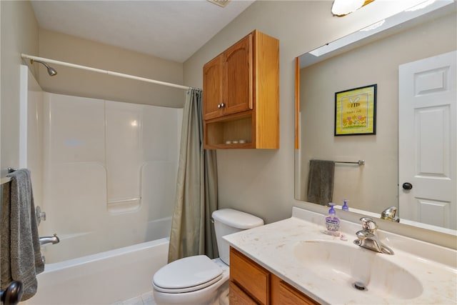 full bathroom with shower / tub combo with curtain, vanity, toilet, and tile patterned flooring