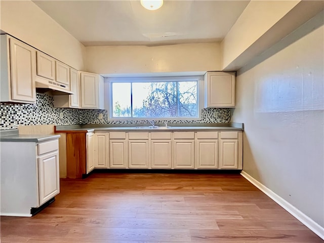 kitchen with tasteful backsplash, light hardwood / wood-style flooring, and sink