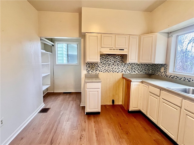 kitchen featuring decorative backsplash, sink, and light wood-type flooring