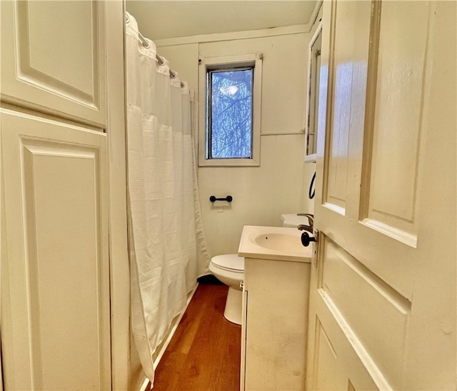 bathroom with wood-type flooring, vanity, and toilet