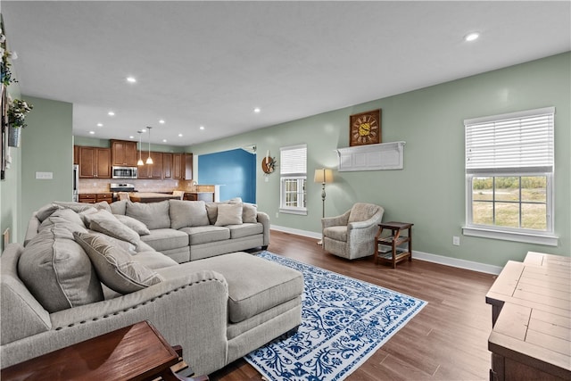 living room with dark wood-type flooring