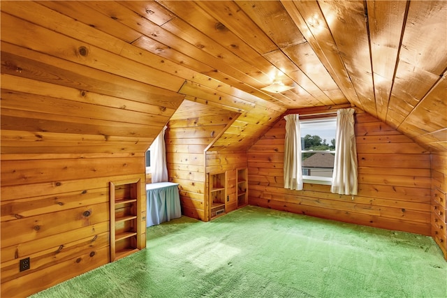 additional living space with carpet floors, wood ceiling, wood walls, and vaulted ceiling