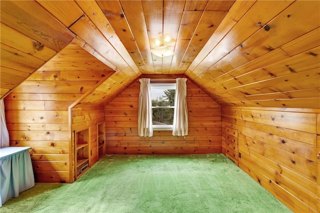 additional living space featuring wood ceiling, wooden walls, lofted ceiling, and carpet flooring