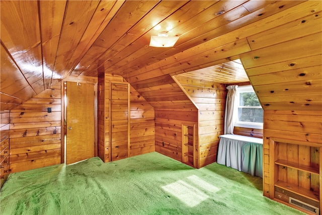 additional living space featuring carpet, lofted ceiling, wooden walls, and wood ceiling