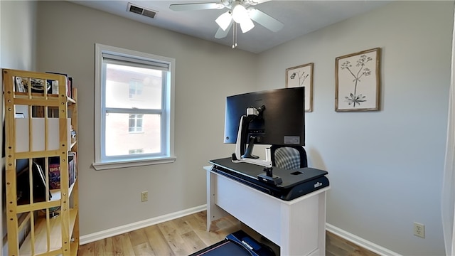 home office with ceiling fan and light hardwood / wood-style floors