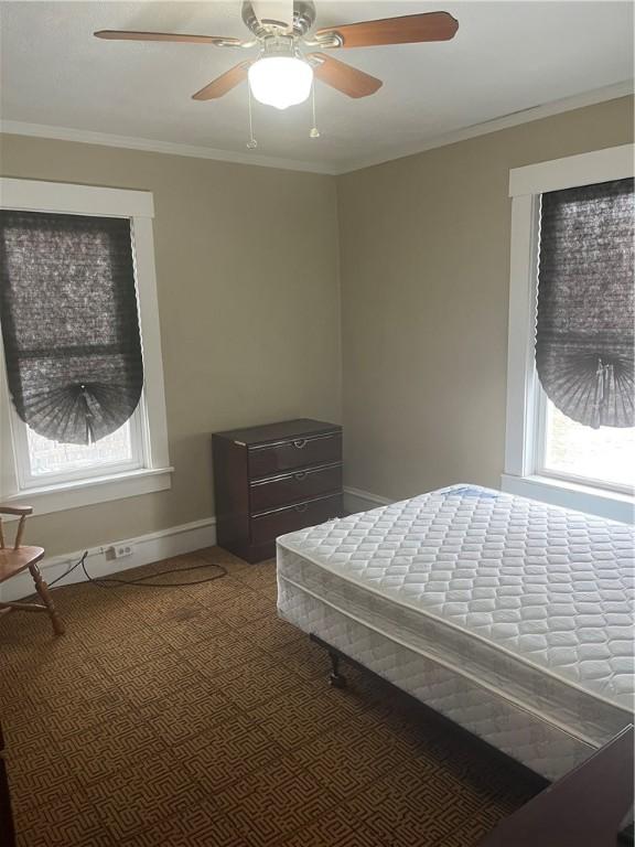 bedroom with multiple windows, ceiling fan, and crown molding