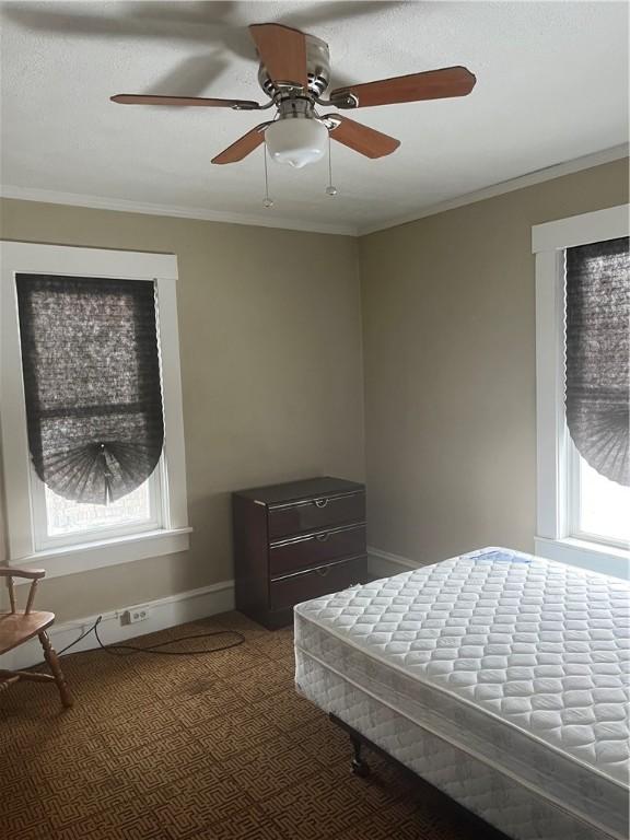 bedroom featuring carpet, ceiling fan, and crown molding