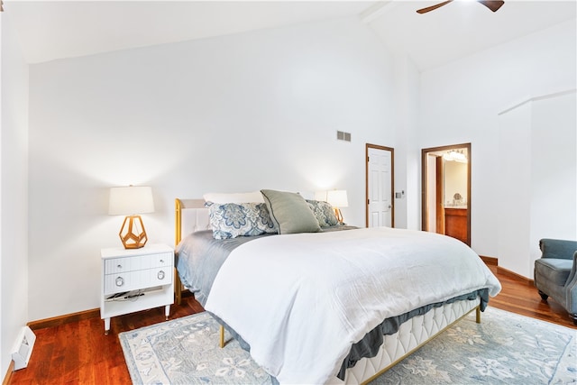 bedroom featuring high vaulted ceiling, dark hardwood / wood-style flooring, beamed ceiling, and ceiling fan