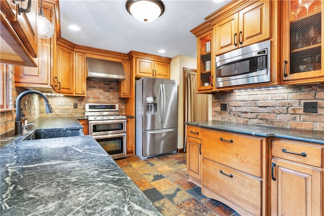 kitchen with stainless steel appliances, dark stone counters, sink, ventilation hood, and backsplash