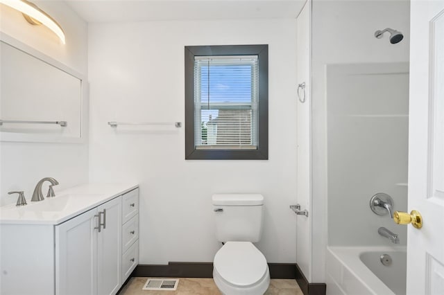 full bathroom featuring vanity, bathtub / shower combination, toilet, and tile patterned flooring