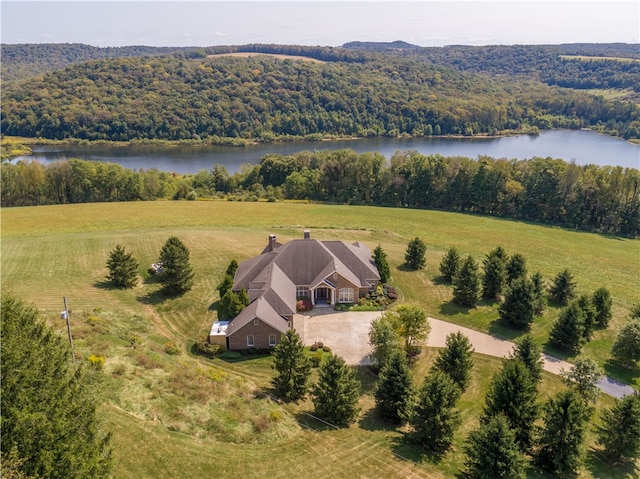 aerial view featuring a water view and a rural view