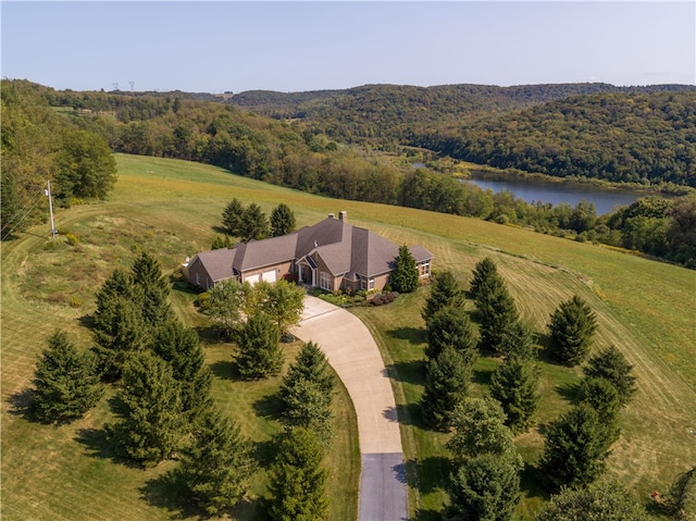 aerial view with a rural view and a water view