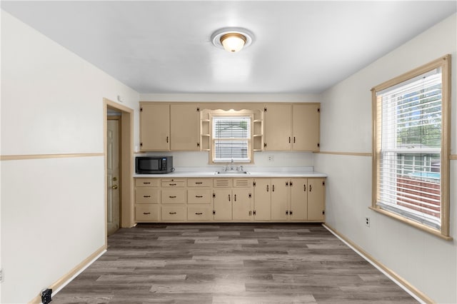 kitchen with wood-type flooring, cream cabinetry, and sink