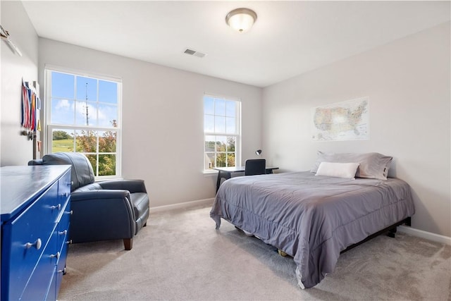 bedroom with light carpet