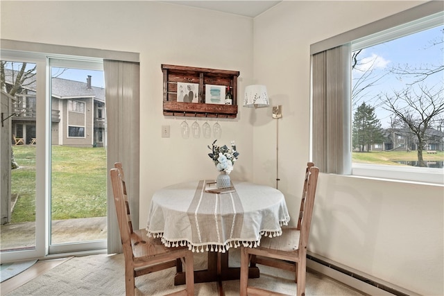 dining area with a wealth of natural light, wood-type flooring, and baseboard heating