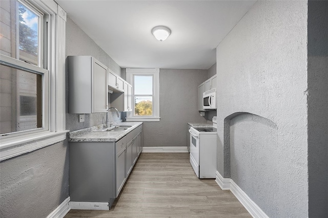 kitchen with light hardwood / wood-style flooring, a wealth of natural light, white appliances, and sink