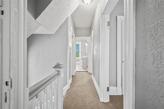 hall featuring a textured ceiling and carpet flooring