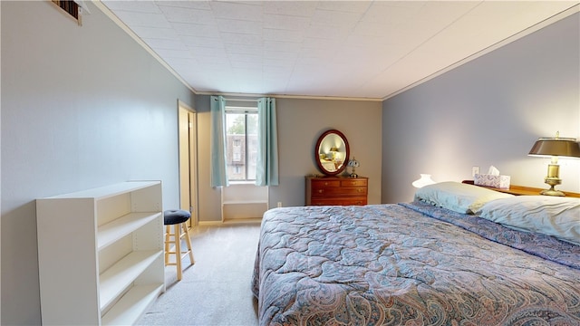 carpeted bedroom with crown molding