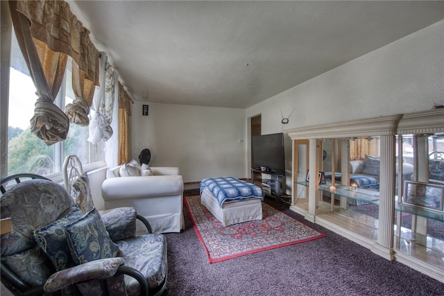 carpeted living room with vaulted ceiling