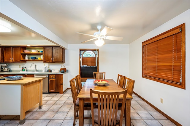 tiled dining area with ceiling fan and sink